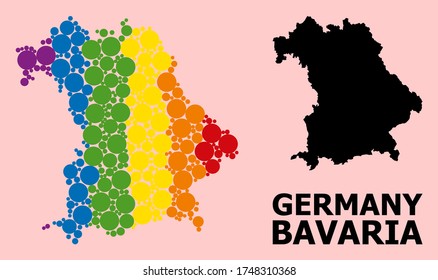 Rainbow vibrant collage vector map of Bavaria State for LGBT, and black version. Geographic collage map of Bavaria State is combined with randomized round spheric elements.