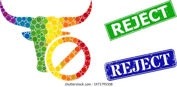 Rainbow vibrant gradiented round dot mosaic reject beef, and Reject textured framed rectangle stamp seals. Blue and green stamp seals contain Reject tag inside framed rectangles.