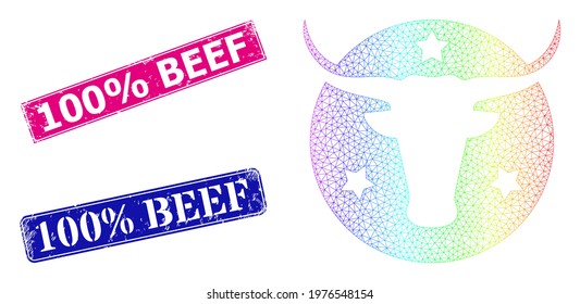 Rainbow vibrant mesh american bull logo, and 100 percent Beef corroded framed rectangle stamps. Pink and blue rectangle badges contain 100 percent Beef tag. Vector model created from american bull