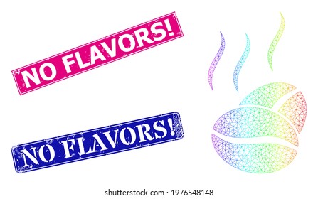 Rainbow vibrant mesh cacao aroma, and No Flavors Exclamation unclean framed rectangle stamp seals. Pink and blue rectangle stamp seals have No Flavors Exclamation tag. Vector model created from cacao