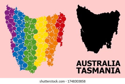 Rainbow vibrant mosaic vector map of Tasmania Island for LGBT, and black version. Geographic mosaic map of Tasmania Island is constructed with random round spheric dots.