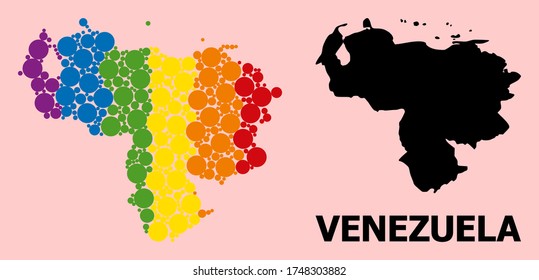 Rainbow vibrant mosaic vector map of Venezuela for LGBT, and black version. Geographic mosaic map of Venezuela is designed from randomized round spheric elements.