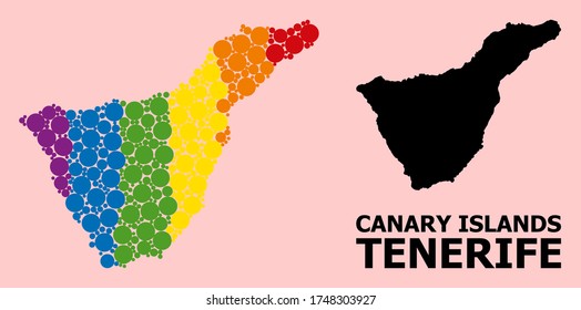 Rainbow vibrant mosaic vector map of Tenerife Island for LGBT, and black version. Geographic mosaic map of Tenerife Island is created from randomized circle dots.