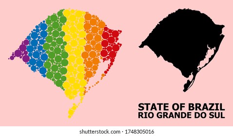 Mapa vectorial de mosaico vibrante arcoiris del estado de Rio Grande do Sul para LGBT, y versión negra. El mapa de mosaicos geográficos del estado de Rio Grande do Sul se compone de puntos de círculo aleatorios.