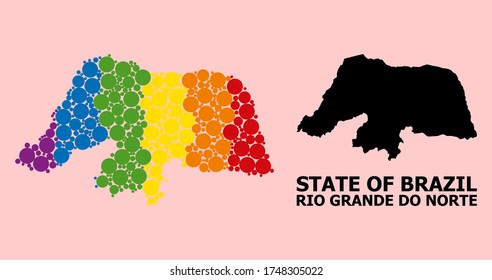 Rainbow lebendige Mosaik-Vektorkarte des Rio Grande do Norte State für LGBT, und schwarze Version. Geographische Mosaikkarte des Rio Grande do Norte-Staates wird aus zufälligen runden sphärischen Punkten erstellt.