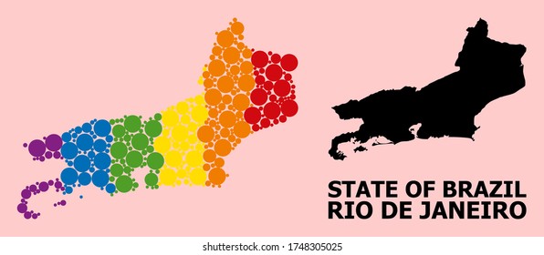 Rainbow vibrant mosaic vector map of Rio de Janeiro State for LGBT, and black version. Geographic mosaic map of Rio de Janeiro State is done with random round spheric elements.