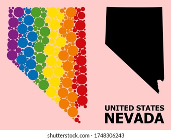 Rainbow vibrant mosaic vector map of Nevada State for LGBT, and black version. Geographic mosaic map of Nevada State is organized with randomized circle spots.