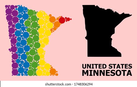 Rainbow vibrant mosaic vector map of Minnesota State for LGBT, and black version. Geographic mosaic map of Minnesota State is composed with randomized circle spots.