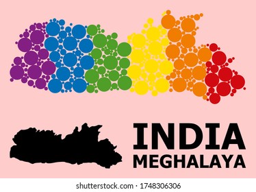 Rainbow vibrant mosaic vector map of Meghalaya State for LGBT, and black version. Geographic mosaic map of Meghalaya State is created from randomized round spheric spots.