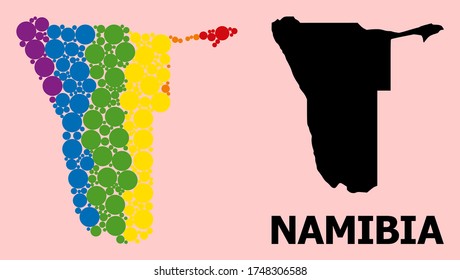Rainbow vibrant mosaic vector map of Namibia for LGBT, and black version. Geographic mosaic map of Namibia is composed from random circle spots.