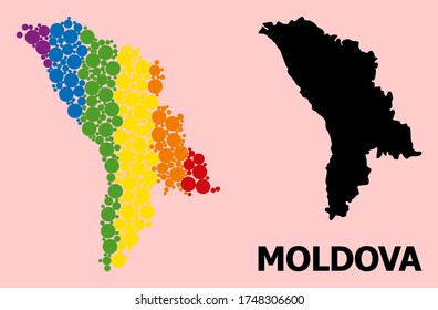 Rainbow vibrant mosaic vector map of Moldova for LGBT, and black version. Geographic concept map of Moldova is done from randomized circle dots.