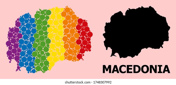 Rainbow vibrant mosaic vector map of Macedonia for LGBT, and black version. Geographic mosaic map of Macedonia is designed with random circle spots.