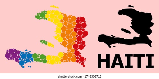 Rainbow vibrant mosaic vector map of Haiti for LGBT, and black version. Geographic mosaic map of Haiti is combined from scattered round spheric elements.