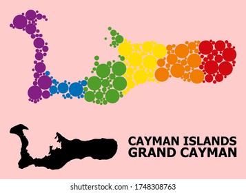 Rainbow vibrant mosaic vector map of Grand Cayman Island for LGBT, and black version. Geographic mosaic map of Grand Cayman Island is organized from random circle dots.