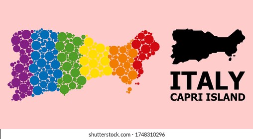 Rainbow vibrant mosaic vector map of Capri Island for LGBT, and black version. Geographic concept map of Capri Island is composed with randomized round spheric dots.