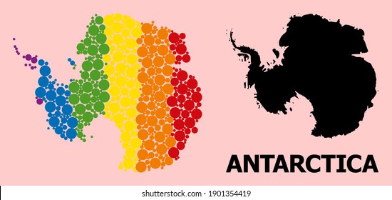 Rainbow vibrant mosaic vector map of Antarctica for LGBT, and black version. Geographic concept map of Antarctica is organized with random round spheric dots.