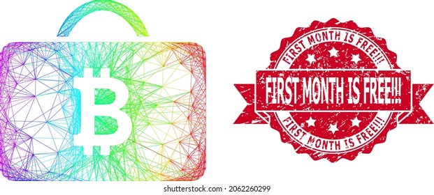 Rainbow vibrant net bitcoin case, and First Month Is Free Exclamation Exclamation Exclamation rubber ribbon seal. Red seal contains First Month Is Free tag inside ribbon.
