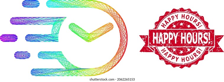 Rainbow lebendige Netzuhr und Happy Hours Ausrufezeichen schmutzigen Band-Dichtung Imitation. Rotes Siegel enthält Happy-Stunden-Ausrufezeichen in Ribbon.Geometrisches lineares 2D-Netz auf der Grundlage des Uhrensymbols