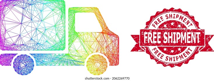 Rainbow vibrant net delivery car, and Free Shipment unclean ribbon seal. Red stamp contains Free Shipment text inside ribbon.Geometric linear frame flat net based on delivery car icon,