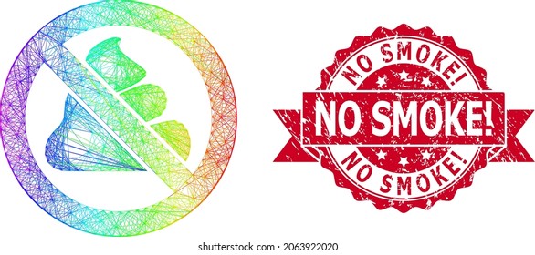 La red vibrante arcoiris está prohibida y el sello de la cinta gruesa sin exclamación de humo. Sello de sello rojo no tiene título de exclamación de humo dentro de la cinta.Red plana de marco con rayado geométrico basada en