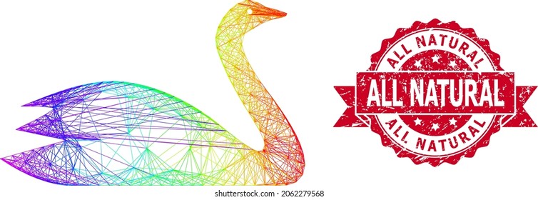 Rainbow vibrant net goose, and All Natural dirty ribbon seal print. Red seal contains All Natural tag inside ribbon.Geometric hatched carcass flat network based on goose icon,