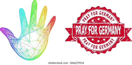 Rainbow vibrant net hand, and Pray for Germany corroded ribbon stamp seal. Red stamp seal includes Pray for Germany text inside ribbon.Geometric wire carcass 2D net based on hand icon,