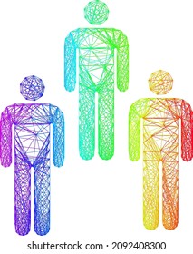 El arcoiris es una red de personas vibrante. Red 2D del marco lineal geométrico basada en el icono de la gente, generada con líneas cruzadas, con gradiente arcoiris.