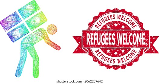 Influyente refugiado en la red, y Refugiados Bienvenidos al impuro sello de la cinta. El sello rojo incluye el título de bienvenida a los refugiados dentro de la cinta. Red plana de marco lineal geométrica basada en el icono del refugiado,