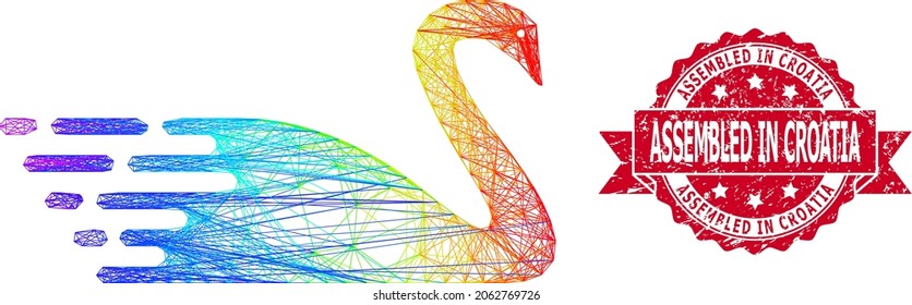Rainbow vibrant net swan, and Assembled in Croatia rubber ribbon seal. Red stamp has Assembled in Croatia caption inside ribbon.Geometric linear frame 2D net based on swan icon,