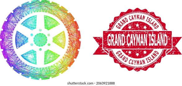 Rainbow vibrant net tire wheel, and Grand Cayman Island textured ribbon seal. Red seal includes Grand Cayman Island tag inside ribbon.Geometric linear frame flat net based on tire wheel icon,