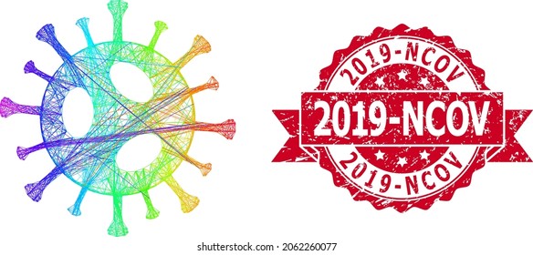 Virus arcoiris vibrante de la red 2019-ncov y sello de cinta corroída por Ncov 2019. El sello rojo contiene texto 2019-Ncov dentro de la cinta.Red 2D de canal con eclosión geométrica basada en el icono del virus 2019-ncov,