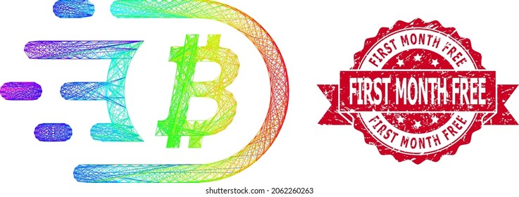 Rainbow vibrant network bitcoin, and First Month Free unclean ribbon stamp seal. Red stamp seal has First Month Free title inside ribbon.Geometric linear frame flat network based on bitcoin icon,