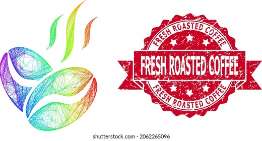 Rainbow vibrant network coffee beans aroma, and Fresh Roasted Coffee dirty ribbon stamp seal. Red stamp seal includes Fresh Roasted Coffee tag inside ribbon.