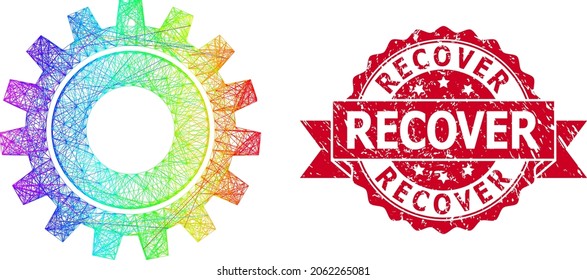 Cog de red vibrante arco iris y sello de cinta de recuperación arañada. El sello rojo incluye el título de recuperación dentro de la cinta.Red plana de canales lineales geométricos basada en el icono de la cog, generada con líneas de cruce,