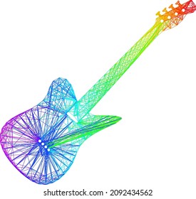 Guitarra eléctrica de red vibrante arco iris. Red 2D de canal de cable geométrico basada en icono de guitarra eléctrica, generada con líneas de cruce, con gradiente de espectro.
