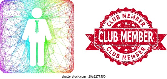 Rainbow vibrant network groom, and Club Member scratched ribbon stamp. Red stamp seal includes Club Member tag inside ribbon.Geometric linear carcass flat network based on groom icon,