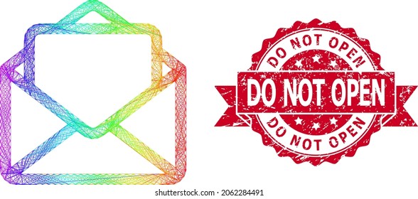 Rainbow vibrant network open letter, and Do Not Open scratched ribbon stamp seal. Red stamp seal contains Do Not Open text inside ribbon.Geometric hatched carcass 2D net based on open letter icon,