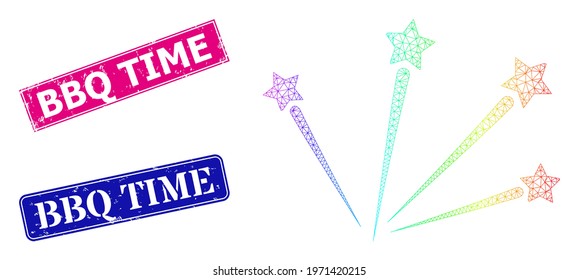 Rainbow vibrant network salute stars, and BBQ Time rubber framed rectangle seals. Pink and blue rectangle badges have BBQ Time title. Vector model based on salute stars icon.