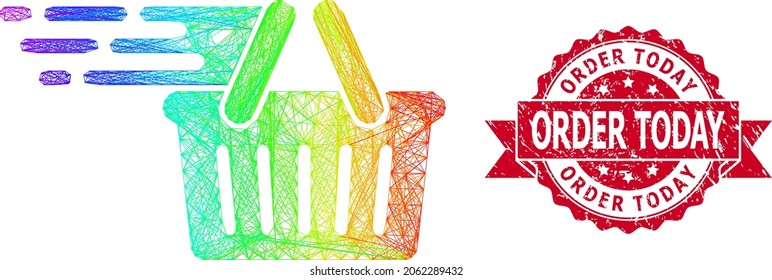 Rainbow vibrant network shopping basket, and Order Today rubber ribbon seal. Red stamp seal has Order Today tag inside ribbon.Geometric wire carcass flat network based on shopping basket icon,