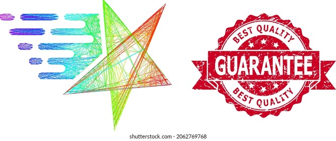 Estrella de red vibrante arco iris y sello de cinta corroída por la garantía de la mejor calidad. El sello rojo contiene el texto de la garantía de la mejor calidad dentro de la cinta.Red 2D de canales eclosionados geométricos basada en el icono de la estrella,