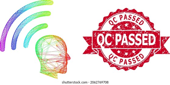 Rainbow vibrant network telepathy waves, and Qc Passed corroded ribbon stamp seal. Red stamp seal has Qc Passed title inside ribbon.Geometric linear frame 2D network based on telepathy waves icon,