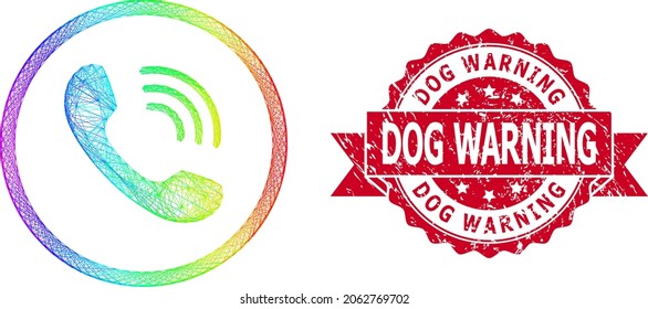 Llamadas telefónicas de red vibrante arco iris y sello de timbre rayado de cinta de advertencia de perro. El sello rojo contiene la etiqueta de advertencia de perro dentro de la cinta.