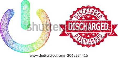 Rainbow vibrant network turn off, and Discharged corroded ribbon seal imitation. Red stamp seal contains Discharged caption inside ribbon.Geometric linear carcass flat network based on turn off icon,