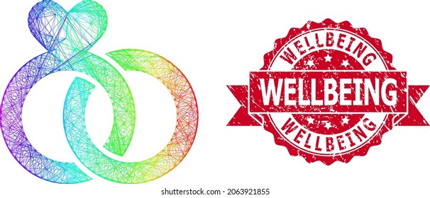 Rainbow vibrant network wedding rings, and Wellbeing unclean ribbon seal print. Red seal has Wellbeing caption inside ribbon.Geometric hatched carcass 2D net based on wedding rings icon,