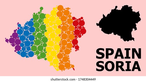 Rainbow vibrant pattern vector map of Soria Province for LGBT, and black version. Geographic concept map of Soria Province is created from random round spheric elements.