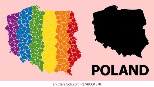 Rainbow vibrant pattern vector map of Poland for LGBT, and black version. Geographic concept map of Poland is created from scattered round spheric dots.