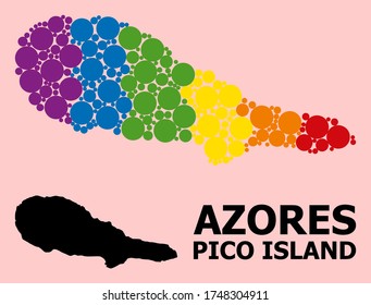 Rainbow vibrant pattern vector map of Pico Island for LGBT, and black version. Geographic concept map of Pico Island is composed from scattered round spheric spots.