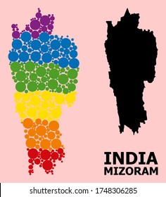 Rainbow vibrant pattern vector map of Mizoram State for LGBT, and black version. Geographic concept map of Mizoram State is constructed from random round spheric dots.