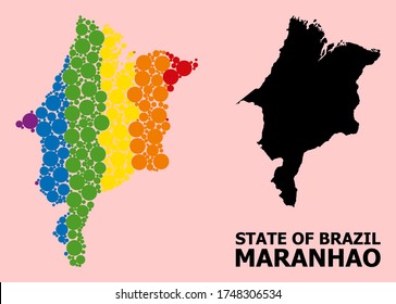 Rainbow vibrant pattern vector map of Maranhao State for LGBT, and black version. Geographic concept map of Maranhao State is organized with random round spheric dots.