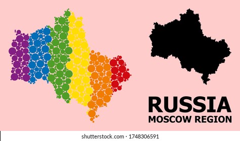 Rainbow vibrant pattern vector map of Moscow Region for LGBT, and black version. Geographic concept map of Moscow Region is combined with random circle spots.